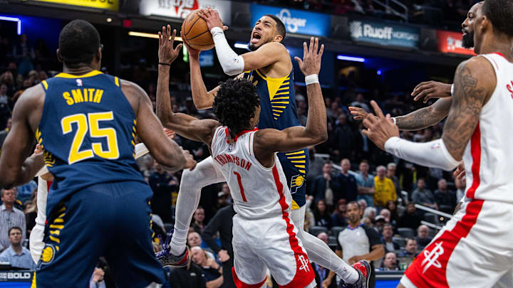 Feb 6, 2024; Indianapolis, Indiana, USA; Indiana Pacers guard Tyrese Haliburton (0) shoots the ball