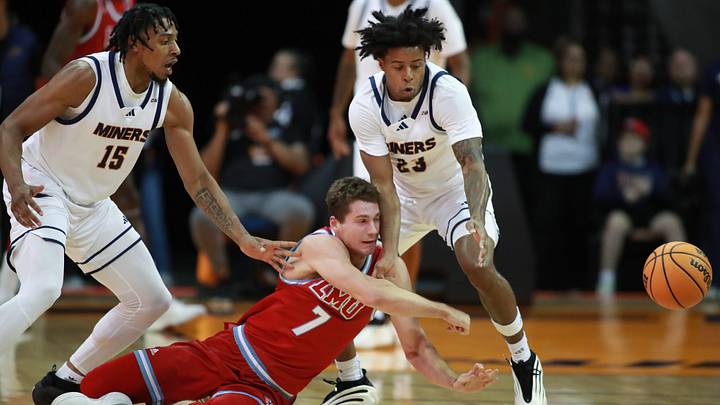 LMU Lions guard Jan Vide (7) loses control of the ball under pressure from UTEP Miners forwards Jamal West Jr. (15) and Cassius Brooks (23) during a game at the Don Haskins Center, Nov. 11, 2025, in El Paso, Texas.