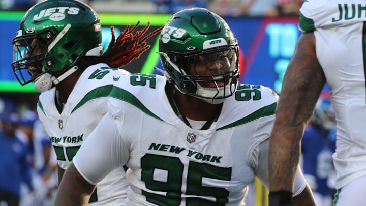 Quinnen Williams of the Jets reacts to a sack against the New York Giants at MetLife Stadium 