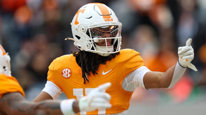 Nov 29, 2025; Knoxville, Tennessee, USA;  Tennessee Volunteers wide receiver Chris Brazzell II (17) celebrates a touchdown against the Vanderbilt Commodores during the first half at Neyland Stadium. Mandatory Credit: Randy Sartin-Imagn Images