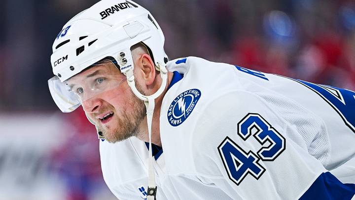Apr 26, 2026; Montreal, Quebec, CAN; Tampa Bay Lightning defenseman Darren Raddysh (43) looks on during warm-up before the game against the Montreal Canadiens in game four of the first round of the 2026 Stanley Cup Playoffs at Bell Centre. Mandatory Credit: David Kirouac-Imagn Images