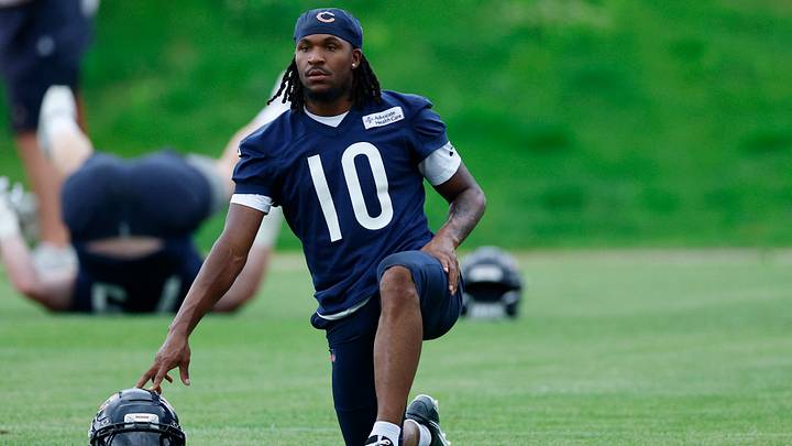Jun 11, 2026; Lake Forest, IL, USA; Chicago Bears wide receiver Luther Burden III (10) stretches during Minicamp at Halas Hall. Mandatory Credit: Kamil Krzaczynski-Imagn Images