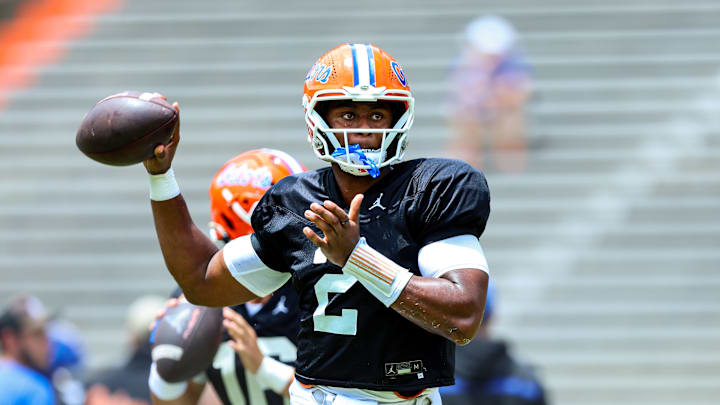 Florida Gators quarterback DJ Lagway throws in the team's practice inside The Swamp on Saturday, Aug. 2, 2025.