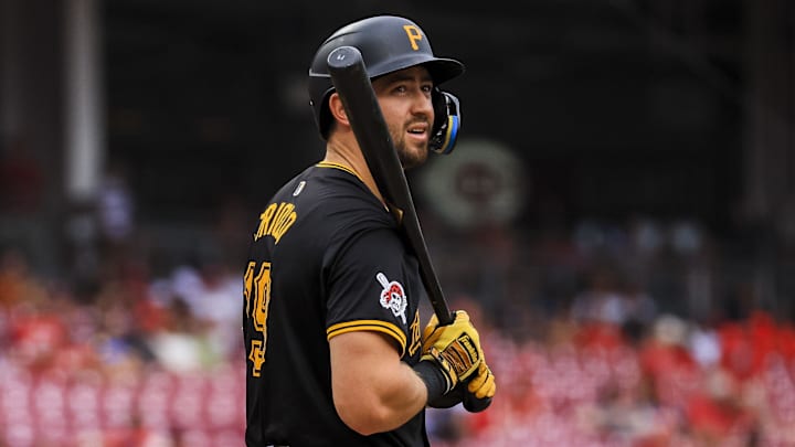 Sep 22, 2024; Cincinnati, Ohio, USA; Pittsburgh Pirates third baseman Jared Triolo (19) at bat in the ninth inning against the Cincinnati Reds at Great American Ball Park. Mandatory Credit: Katie Stratman-Imagn Images