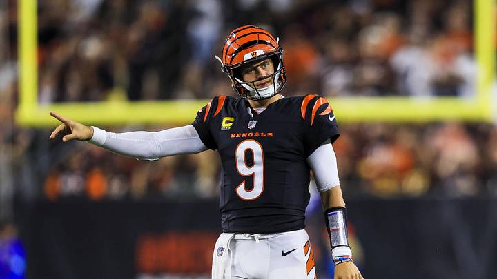 Sep 23, 2024; Cincinnati, Ohio, USA; Cincinnati Bengals quarterback Joe Burrow (9) reacts after a play against the Washington Commanders in the second half at Paycor Stadium. Mandatory Credit: Katie Stratman-Imagn Images Sep 23, 2024; Cincinnati, Ohio, USA; Cincinnati Bengals quarterback Joe Burrow (9) reacts after a play against the Washington Commanders in the second half at Paycor Stadium. Mandatory Credit: Katie Stratman-Imagn Images