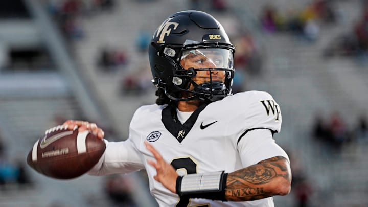 Nov 1, 2025; Tallahassee, Florida, USA; Wake Forest Demon Deacons quarterback Robby Ashford (2) throws a pass during warmups before the game against the Florida State Seminoles at Doak S. Campbell Stadium. 