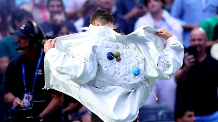 Novak Djokovic debuts a custom Lacoste jacket at the 2025 U.S. Open.