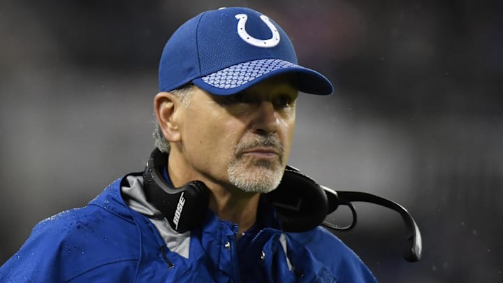 Dec 23, 2017; Baltimore, MD, USA; Indianapolis Colts head coach Chuck Pagano looks onto the field during the second quarter against the Baltimore Ravens at M&T Bank Stadium. 