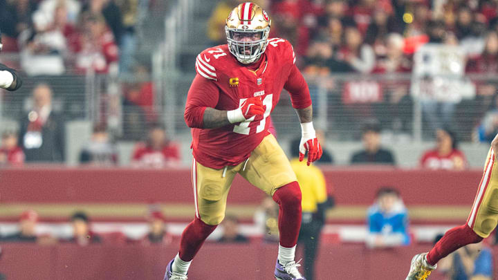 November 24, 2025; Santa Clara, California, USA; San Francisco 49ers offensive tackle Trent Williams (71) during the first quarter against the Carolina Panthers at Levi's Stadium. Mandatory Credit: Kyle Terada-Imagn Images