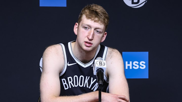 Sep 23, 2025; Brooklyn, NY, USA;  Brooklyn Nets forward Danny Wolf (2) speaks at Media Day. Mandatory Credit: Wendell Cruz-Imagn Images