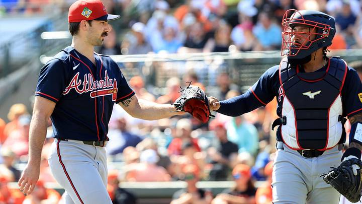 Feb 28, 2026; Sarasota, Florida, USA; Atlanta Braves starting pitcher Spencer Strider (99) and Atlanta Braves catcher Chadwick Tromp (38) greet at the end of the second inning against the Baltimore Orioles at Ed Smith Stadium. Mandatory Credit: Kim Klement Neitzel-Imagn Images Feb 28, 2026; Sarasota, Florida, USA; Atlanta Braves starting pitcher Spencer Strider (99) and Atlanta Braves catcher Chadwick Tromp (38) greet at the end of the second inning against the Baltimore Orioles at Ed Smith Stadium. Mandatory Credit: Kim Klement Neitzel-Imagn Images