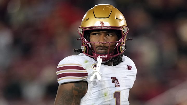 Sep 13, 2025; Stanford, California, USA; Boston College Eagles linebacker Daveon Crouch (1) during the third quarter against the Stanford Cardinal at Stanford Stadium. Mandatory Credit: Darren Yamashita-Imagn Images