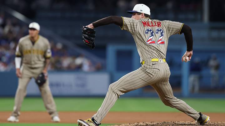 Jul 4, 2026; Los Angeles, California, USA; San Diego Padres pitcher Mason Miller (22) delivers a pitch in the eighth inning against the Los Angeles Dodgers at Dodger Stadium. Mandatory Credit: Kiyoshi Mio-Imagn Images Jul 4, 2026; Los Angeles, California, USA; San Diego Padres pitcher Mason Miller (22) delivers a pitch in the eighth inning against the Los Angeles Dodgers at Dodger Stadium. Mandatory Credit: Kiyoshi Mio-Imagn Images