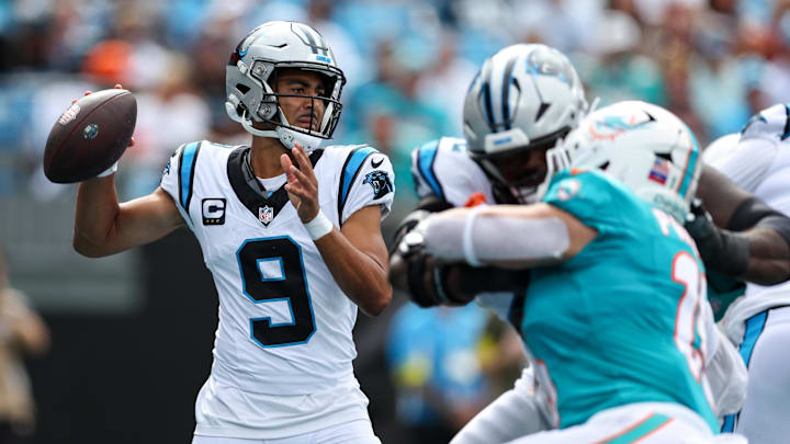 Oct 5, 2025; Charlotte, North Carolina, USA; Carolina Panthers quarterback Bryce Young (9) throws a pass during the third quarter against the Miami Dolphins at Bank of America Stadium. Mandatory Credit: Cory Knowlton-Imagn Images