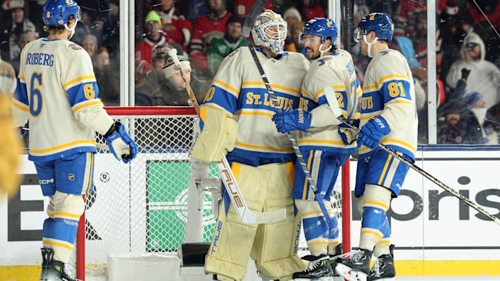 Jordan Binnington, Justin Faulk, Dylan Holloway