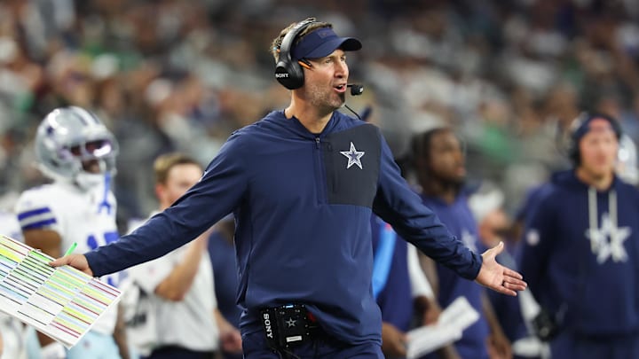 Dallas Cowboys head coach Brian Schottenheimer reacts against the Philadelphia Eagles at AT&T Stadium. 
