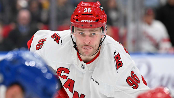 Feb 22, 2025; Toronto, Ontario, CAN;  Carolina Hurricanes forward Mikko Rantanen (96) prepares for a face-off against the Toronto Maple Leafs in the second period at Scotiabank Arena. Mandatory Credit: Dan Hamilton-Imagn Images