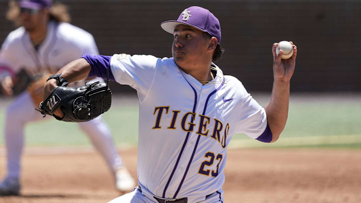 May 31, 2024; Chapel Hill, NC, USA; LSU pitcher Gage Jump (23) pitches against the Wofford Terriers during the NCAA Regional in Chapel Hill. Mandatory Credit: Jim Dedmon-Imagn Images
