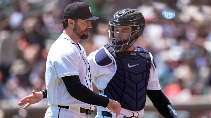Detroit Tigers pitcher Casey Mize (12), left, talks to catcher Dillon Dingler (13) after pitching. 