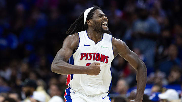 Oct 30, 2024; Philadelphia, Pennsylvania, USA; Detroit Pistons center Isaiah Stewart (28) reacts after a forward Tim Hardaway Jr. (not pictured) score against the Philadelphia 76ers during the fourth quarter at Wells Fargo Center. Mandatory Credit: Bill Streicher-Imagn Images