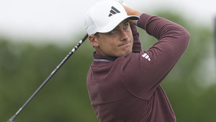 May 9, 2025; Philadelphia, Pennsylvania, USA; Ludvig Aberg plays his shot from the seventh tee during the second round of the Truist Championship golf tournament. Mandatory Credit: Bill Streicher-Imagn Images