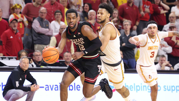 Feb 28, 2026; Ames, Iowa, USA; Iowa State Cyclones forward Joshua Jefferson (5) chases down Texas Tech Red Raiders forward Donovan Atwell (12) during the second half at James H. Hilton Coliseum. Mandatory Credit: Reese Strickland-Imagn Images