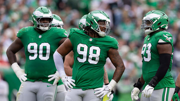 Dec 29, 2024; Philadelphia, Pennsylvania, USA; Philadelphia Eagles defensive tackle Jalen Carter (98) and defensive tackle Jordan Davis (90) and defensive tackle Milton Williams (93) during the second quarter against the Dallas Cowboys at Lincoln Financial Field. Mandatory Credit: Bill Streicher-Imagn Images