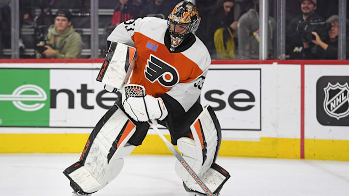 Jan 27, 2025; Philadelphia, Pennsylvania, USA; Philadelphia Flyers goaltender Samuel Ersson (33) against the New Jersey Devils at Wells Fargo Center. Mandatory Credit: Eric Hartline-Imagn Images