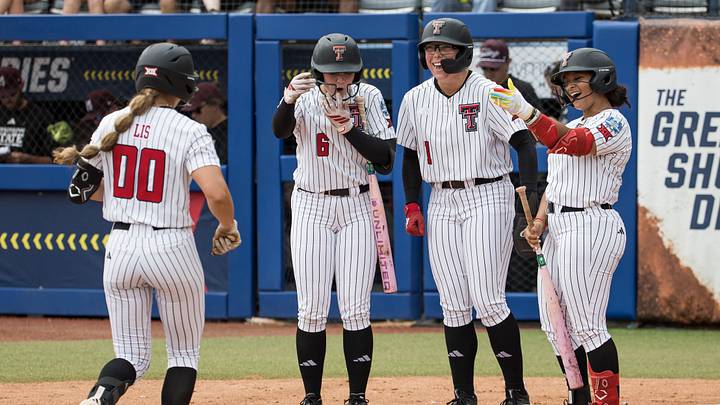 May 28, 2026; Oklahoma City, OK, USA; Texas Tech Red Raiders third baseman Taylor Pannell (6) and second baseman Mia Williams (1) and catcher Jasmyn Burns (12) wait on infielder Jackie Lis (00) after her two run home run in the first inning against the Mississippi State Bulldogs during the NCAA Women’s College World Series at Devon Park. Texas Tech won 8-0. Mandatory Credit: Brett Rojo-Imagn Images May 28, 2026; Oklahoma City, OK, USA; Texas Tech Red Raiders third baseman Taylor Pannell (6) and second baseman Mia Williams (1) and catcher Jasmyn Burns (12) wait on infielder Jackie Lis (00) after her two run home run in the first inning against the Mississippi State Bulldogs during the NCAA Women’s College World Series at Devon Park. Texas Tech won 8-0. Mandatory Credit: Brett Rojo-Imagn Images