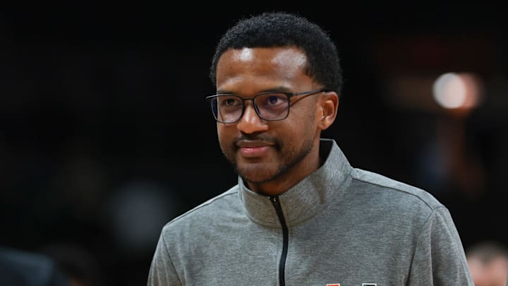 Nov 3, 2025; Coral Gables, Florida, USA; Miami Hurricanes head coach Jai Lucas looks on after the game against the Jacksonville Dolphins at Watsco Center. Mandatory Credit: Sam Navarro-Imagn Images Nov 3, 2025; Coral Gables, Florida, USA; Miami Hurricanes head coach Jai Lucas looks on after the game against the Jacksonville Dolphins at Watsco Center. Mandatory Credit: Sam Navarro-Imagn Images