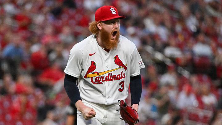 Jun 15, 2026; St. Louis, Missouri, USA; St. Louis Cardinals starting pitcher Dustin May (3) reacts after an inning ending double play against the San Diego Padres during the seventh inning at Busch Stadium. Mandatory Credit: Jeff Curry-Imagn Images Jun 15, 2026; St. Louis, Missouri, USA; St. Louis Cardinals starting pitcher Dustin May (3) reacts after an inning ending double play against the San Diego Padres during the seventh inning at Busch Stadium. Mandatory Credit: Jeff Curry-Imagn Images