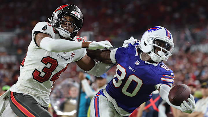 Buffalo Bills wide receiver Tyrell Shavers catches the ball over Tampa Bay Buccaneers cornerback Bryce Hall. Buffalo Bills wide receiver Tyrell Shavers catches the ball over Tampa Bay Buccaneers cornerback Bryce Hall.