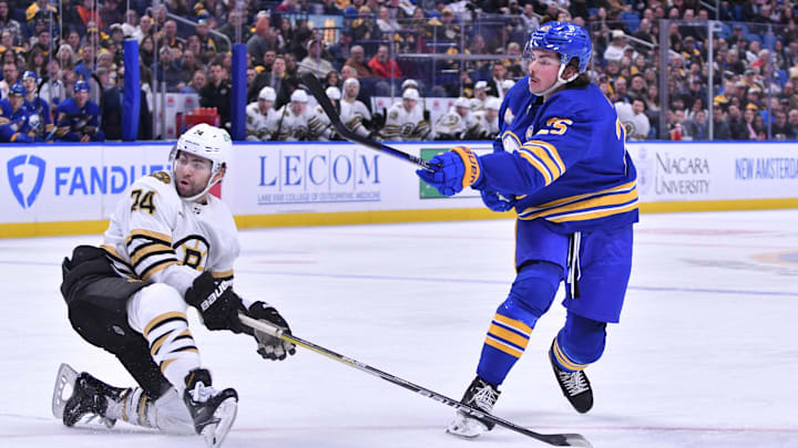 Nov 14, 2023; Buffalo, New York, USA; Buffalo Sabres defenseman Owen Power (25) and Boston Bruins