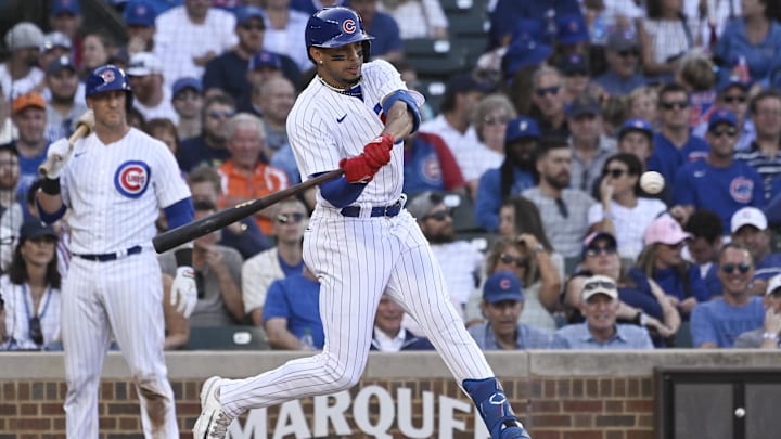 Sep 23, 2023; Chicago, Illinois, USA; Chicago Cubs second baseman Christopher Morel (5) hits a home