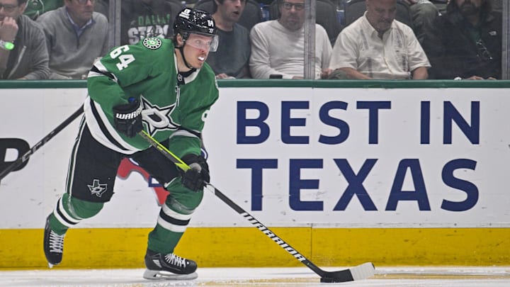 May 13, 2025; Dallas, Texas, USA; Dallas Stars center Mikael Granlund (64) skates against the Winnipeg Jets during the third period in game four of the second round of the 2025 Stanley Cup Playoffs at American Airlines Center. Mandatory Credit: Jerome Miron-Imagn Images