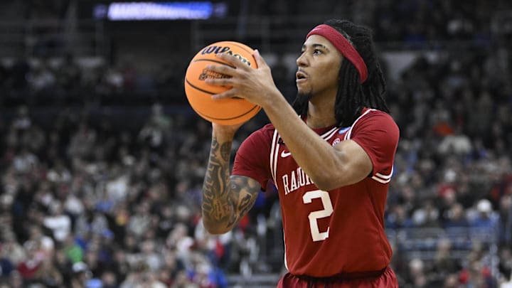 Mar 20, 2025; Providence, RI, USA;  Arkansas Razorbacks guard Boogie Fland (2) controls the ball during the second half against the Kansas Jayhawks at Amica Mutual Pavilion. Mandatory Credit: Eric Canha-Imagn Images
