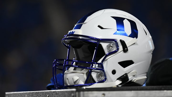Sep 10, 2021; Durham, North Carolina, USA; A Duke Blue Devils helmet sits on an equipment chest during the third quarter of the game against the North Carolina A&T Aggies at Wallace Wade Stadium. Mandatory Credit: William Howard-Imagn Images