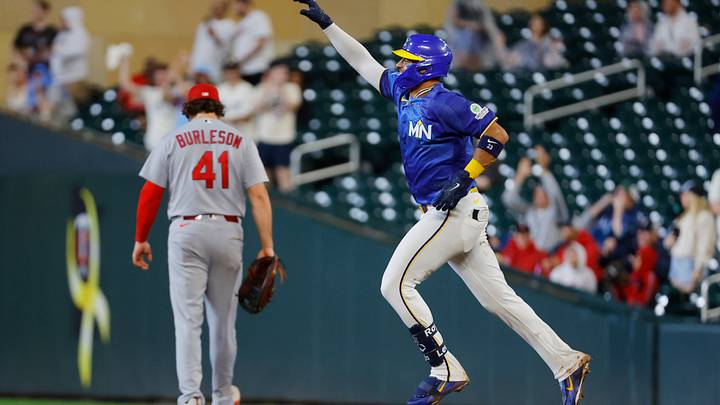 Jun 12, 2026; Minneapolis, Minnesota, USA; Minnesota Twins first baseman Royce Lewis (23) runs the bases on his solo home run against the St. Louis Cardinals in the eighth inning at Target Field. Mandatory Credit: Bruce Kluckhohn-Imagn Images Jun 12, 2026; Minneapolis, Minnesota, USA; Minnesota Twins first baseman Royce Lewis (23) runs the bases on his solo home run against the St. Louis Cardinals in the eighth inning at Target Field. Mandatory Credit: Bruce Kluckhohn-Imagn Images