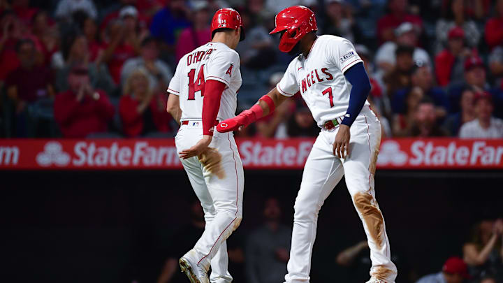Sep 26, 2023; Anaheim, California, USA; Los Angeles Angels center fielder Jo Adell (7) greets