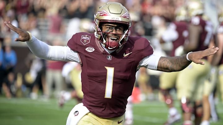 Aug 30, 2025; Tallahassee, Florida, USA; Florida State Seminoles quarterback Tommy Castellanos (1) celebrates after a touchdown against the Alabama Crimson Tide during the second half at Doak S. Campbell Stadium. Mandatory Credit: Melina Myers-Imagn Images