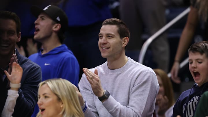 Jan 23, 2024; Provo, Utah, USA; Former NBA and Brigham Young Cougars basketball player Jimmer Fredette watches the game against the Houston Cougars during the second half at Marriott Center. Mandatory Credit: Rob Gray-Imagn Images Jan 23, 2024; Provo, Utah, USA; Former NBA and Brigham Young Cougars basketball player Jimmer Fredette watches the game against the Houston Cougars during the second half at Marriott Center. Mandatory Credit: Rob Gray-Imagn Images