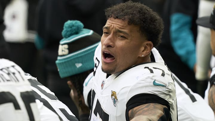 Oct 13, 2024; London, United Kingdom;  Jacksonville Jaguars tight end Evan Engram (17) during the second half of an NFL International Series game at Tottenham Hotspur Stadium. 