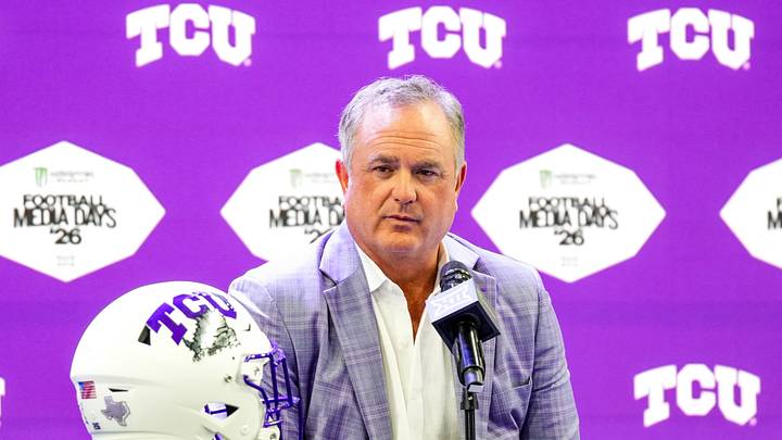Jul 8, 2026; Frisco, TX, USA;  TCU head coach Sonny Dykes speaks to reporters during Big 12 Conference Football Media Days at The Star. Mandatory Credit: Raymond Carlin III-Imagn Images