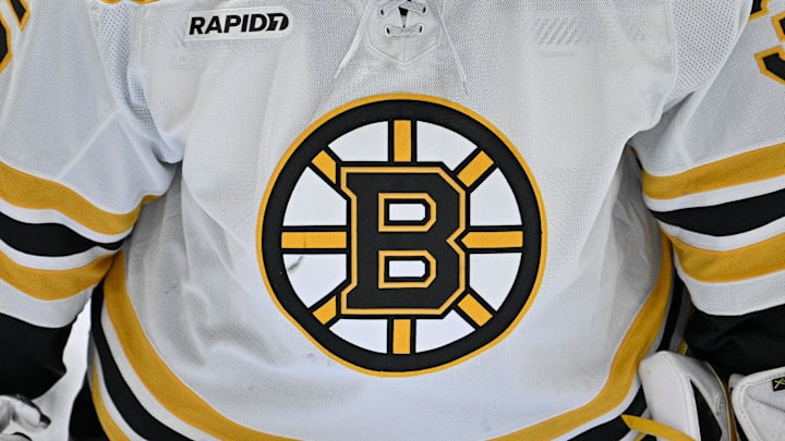 Feb 14, 2023; Dallas, Texas, USA; A view of the Boston Bruins logo during the game between the Dallas Stars and the Boston Bruins at American Airlines Center. Mandatory Credit: Jerome Miron-Imagn Images