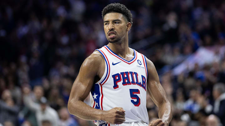 Feb 22, 2025; Philadelphia, Pennsylvania, USA; Philadelphia 76ers guard Quentin Grimes (5) reacts after scoring against the Brooklyn Nets during the fourth quarter at Wells Fargo Center. Mandatory Credit: Bill Streicher-Imagn Images