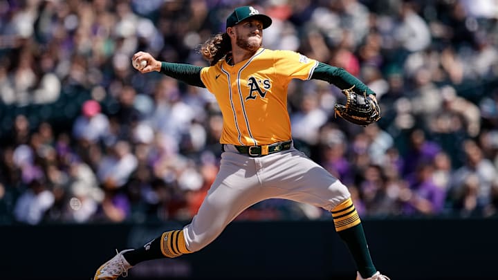 Apr 6, 2025; Denver, Colorado, USA; Athletics starting pitcher Joey Estes (68) pitches in the first inning against the Colorado Rockies at Coors Field. Mandatory Credit: Isaiah J. Downing-Imagn Images