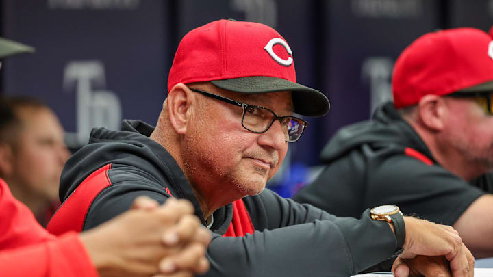 Apr 22, 2026; St. Petersburg, Florida, USA; Cincinnati Reds manager Terry Francona (77) during the eighth inning against the Tampa Bay Rays at Tropicana Field. Mandatory Credit: Mike Watters-Imagn Images