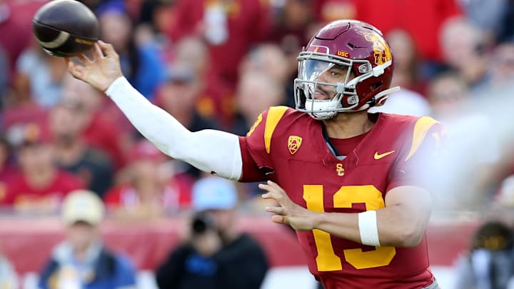 Nov 18, 2023; Los Angeles, California, USA; USC Trojans quarterback Caleb Williams (13) throws