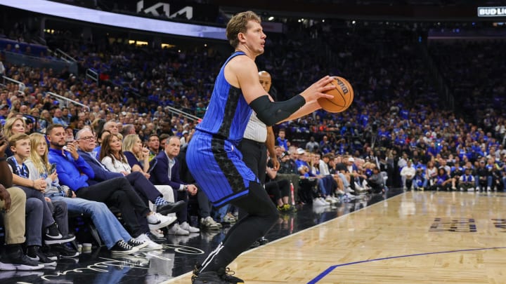 May 3, 2024; Orlando, Florida, USA; Orlando Magic forward Franz Wagner (22) shoots the ball against the Cleveland Cavaliers during the second quarter of game six of the first round for the 2024 NBA playoffs at Kia Center. Mandatory Credit: Mike Watters-USA TODAY Sports
