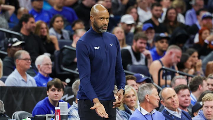Nov 27, 2024; Orlando, Florida, USA; Orlando Magic head coach Jamahl Mosley motions to the court during the second half against the Chicago Bulls at Kia Center. Mandatory Credit: Mike Watters-Imagn Images Nov 27, 2024; Orlando, Florida, USA; Orlando Magic head coach Jamahl Mosley motions to the court during the second half against the Chicago Bulls at Kia Center. Mandatory Credit: Mike Watters-Imagn Images